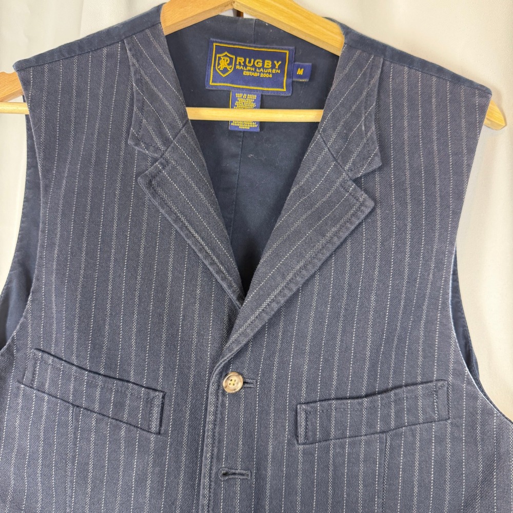 Rugby Ralph Lauren Mens Navy Blue Pinstripe Cotton Vest Notched Lapel Size M